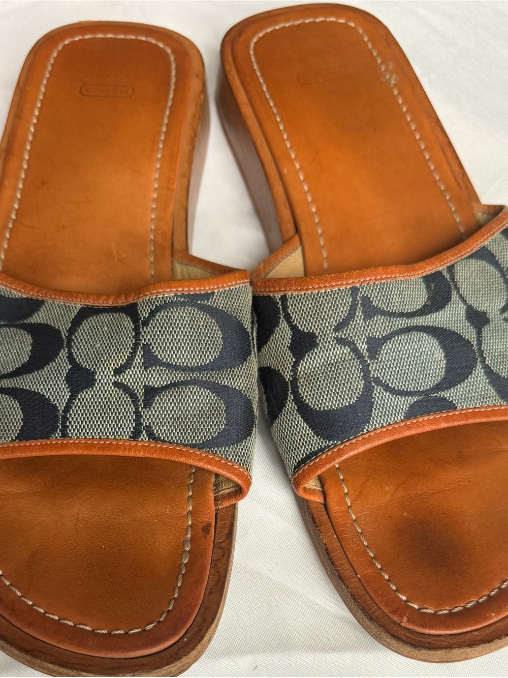 Coach Vintage Tan Leather & Navy Signature Canvas Slide Sandals